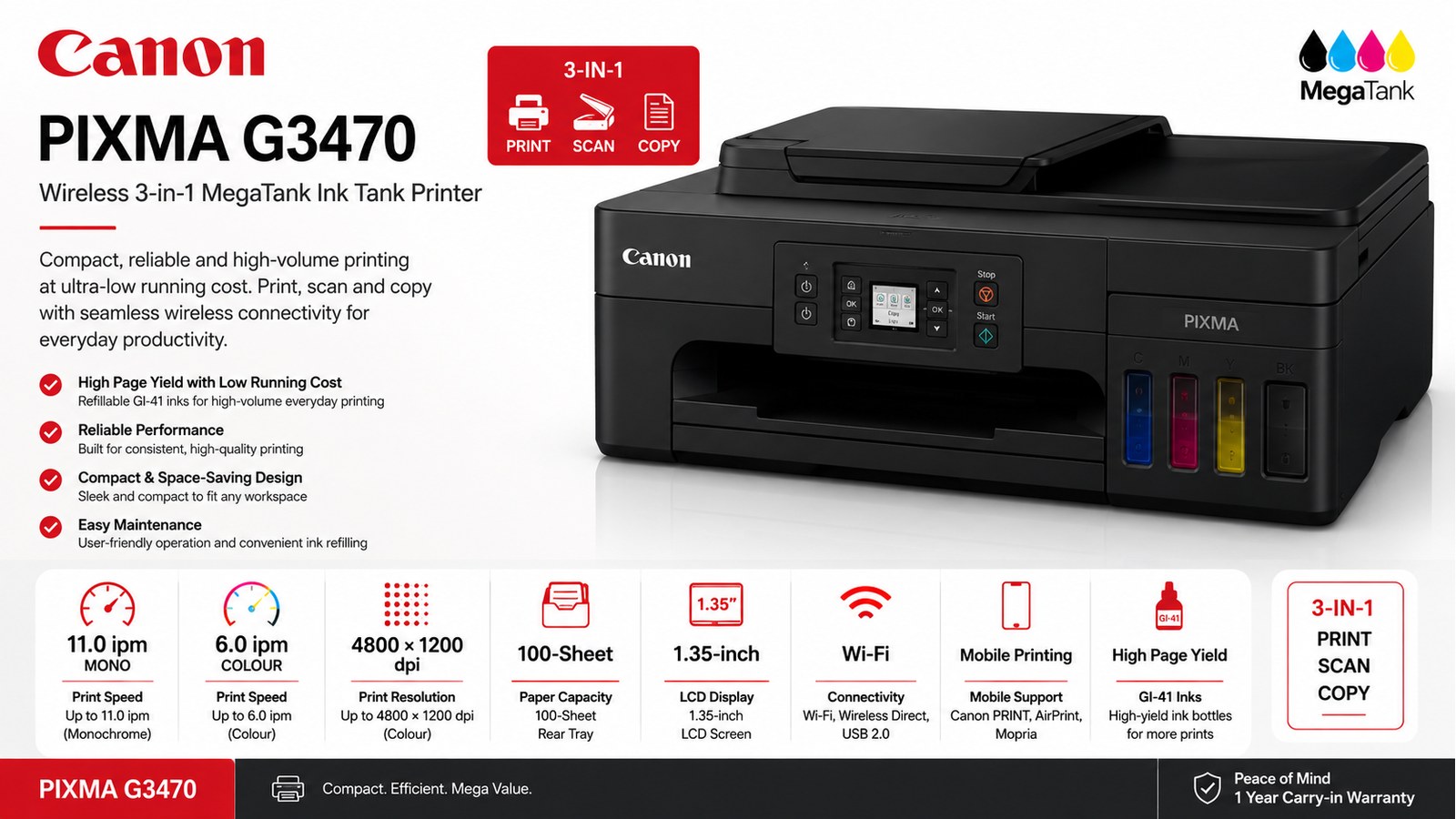Canon PIXMA G3470 3-in-1 Wireless MegaTank Ink Tank Printer, Print Scan Copy, 11ipm Mono, 6ipm Colour, Wi-Fi, 100-Sheet Tray | G3470